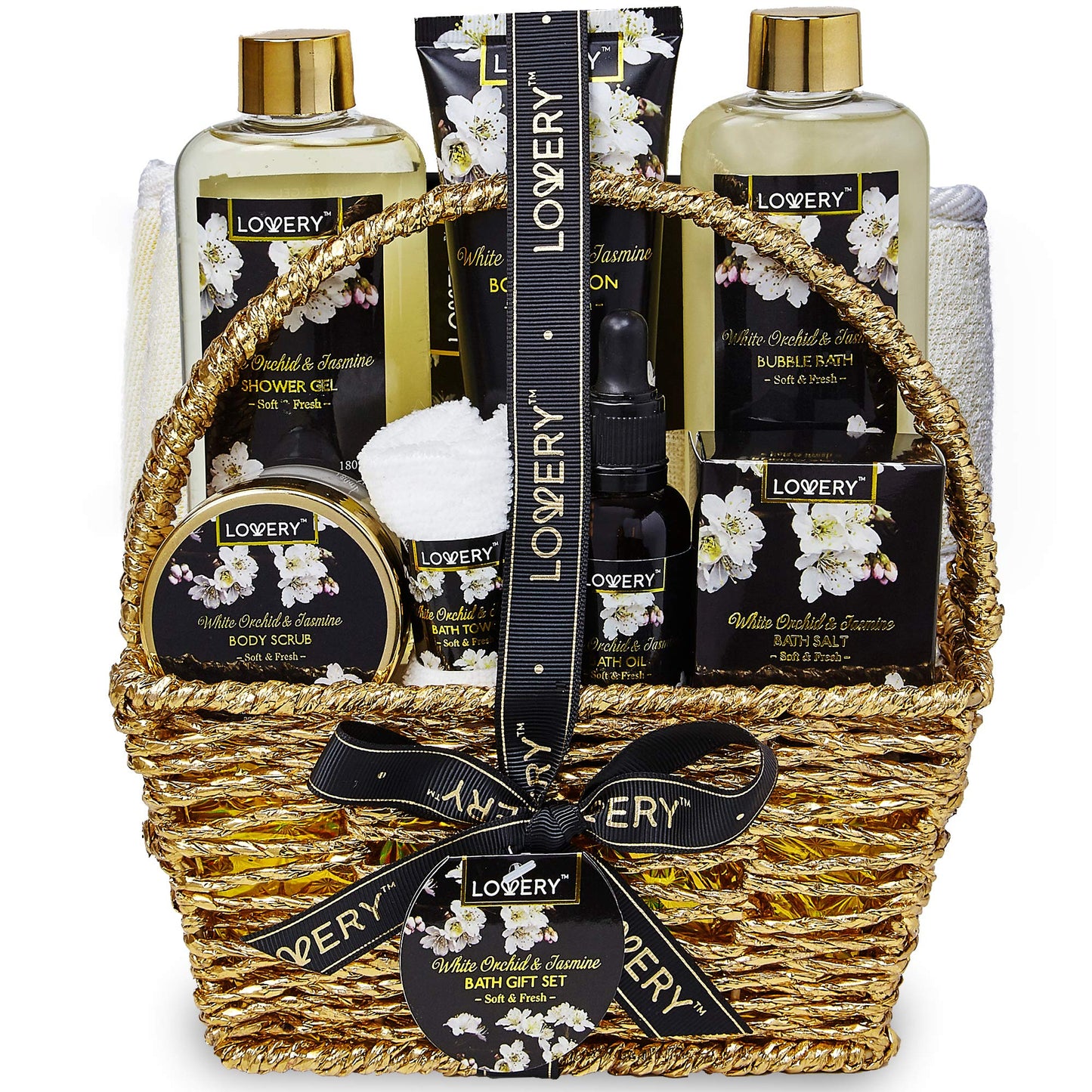 Birthday Gifts for Mom, Bath and Body Gift Basket for Women and Men – Orchid & Jasmine Home Spa Set With Body Scrubs, Lotions, Oils, Gels and More - Care Package for Women & Men - 9 Piece Set