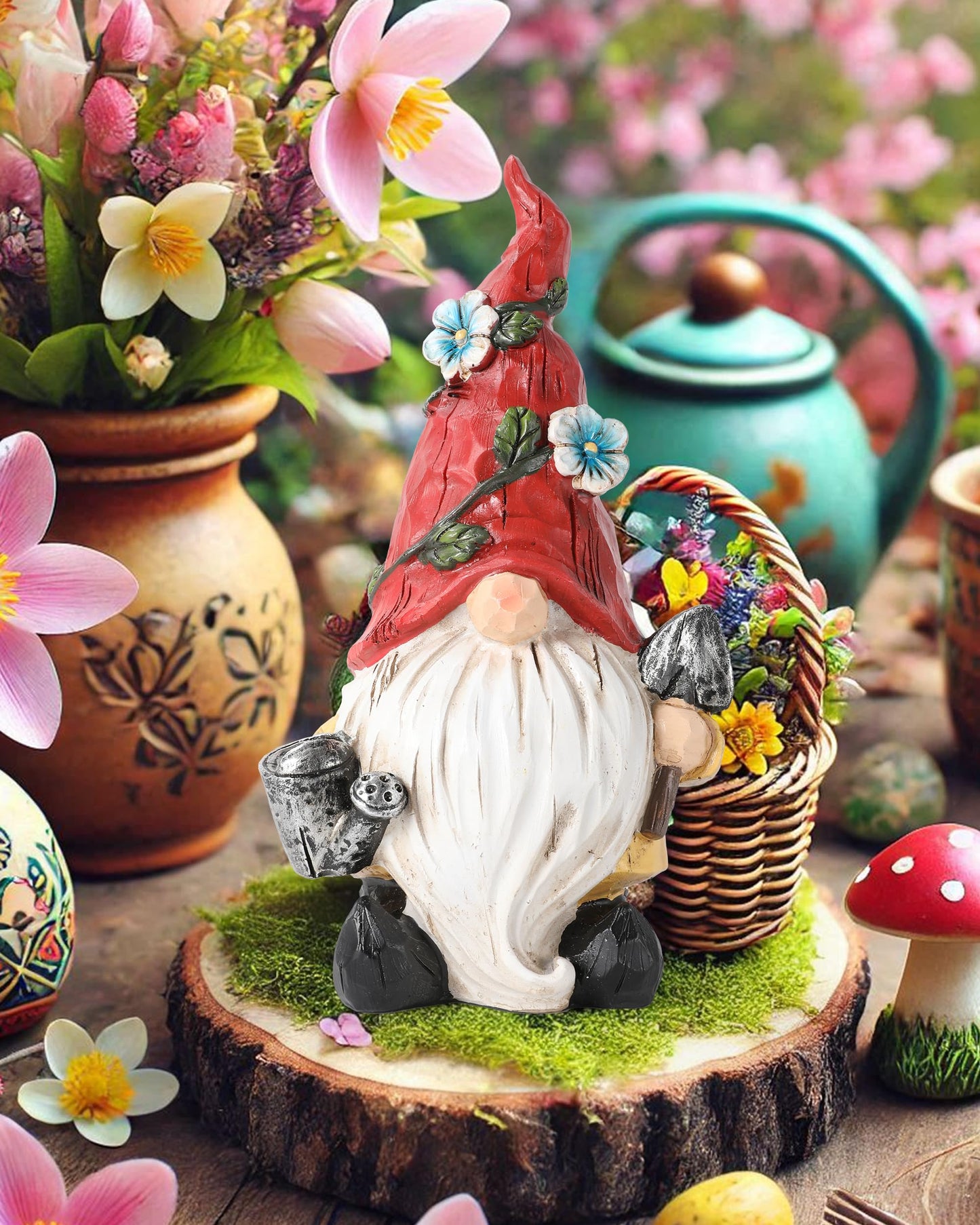 GoGnome Hand-Painted Resin Garden Gnome with Watering can and Shovel Figurine - 9.1" Summer and Spring Decorations for Home and Yard - Ideal Gnome Gifts for Women (Red)