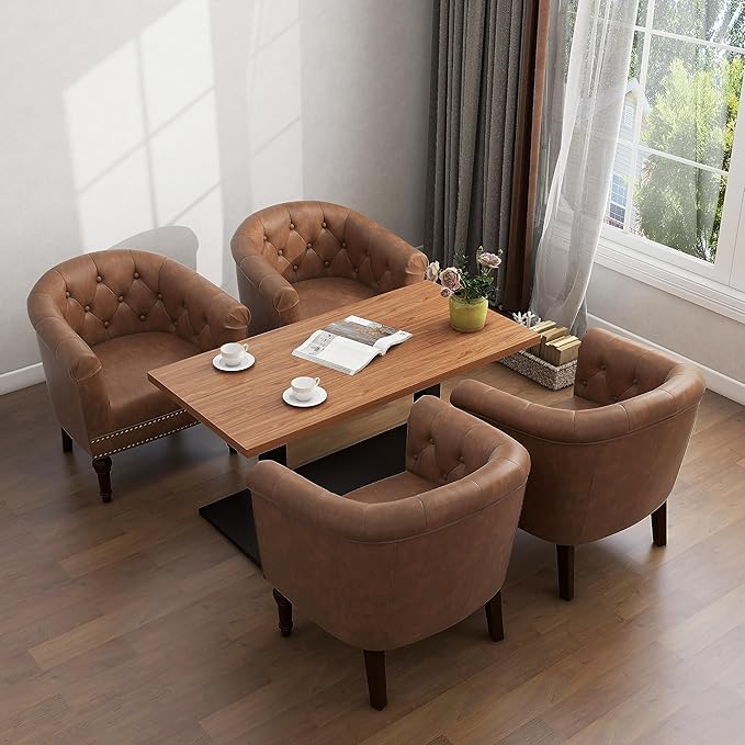 UIXE PU Leather Barrel Club Chairs Set of 6, Modern Arm Accnet Chair Comfy Upholstered Armchair, Nailhead Trim Living Room Single Sofa Reading Seat Bedroom Side Sitting for Office, Brown