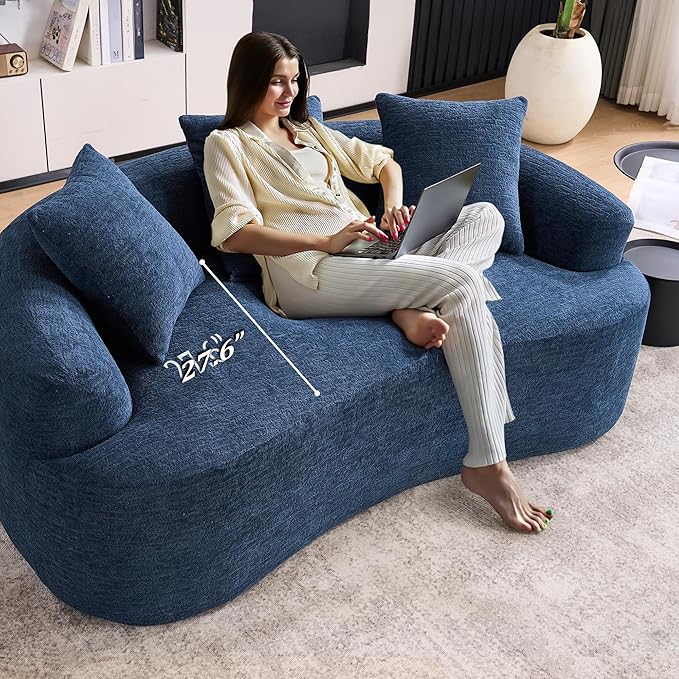 65'' Modern Curved Cloud Loveseat Sectional Sofa for Small Spaces, Luxury Plush Chenille Deep Seat Couch with 3 Pillows, No Assembly Needed Apartment Living Room Furniture, Blue