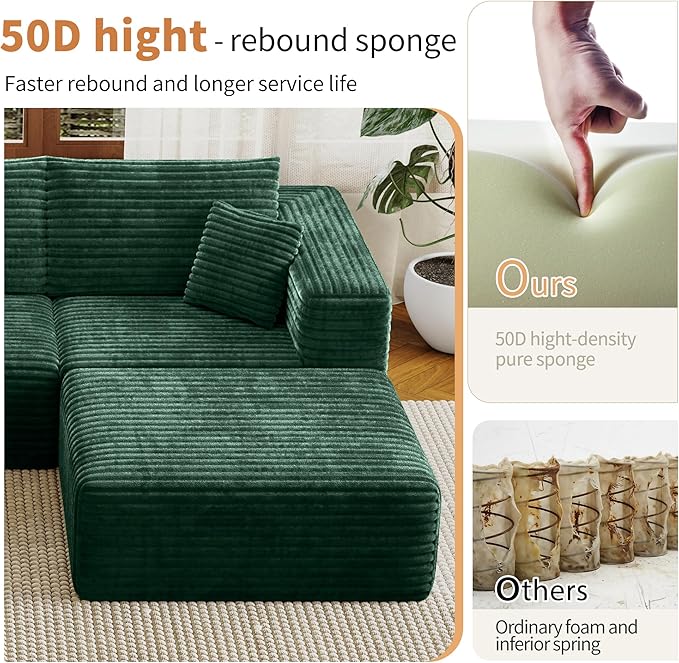 Fancyfire 108" Cloud Modular Sectional Couch with 2 Ottoman,Ultimate Comfort U-Shaped Deep Seat Sofa,Boneless Couch Upholstered 3-Seater Sofas for Living Room, No Assembly Required(Green)