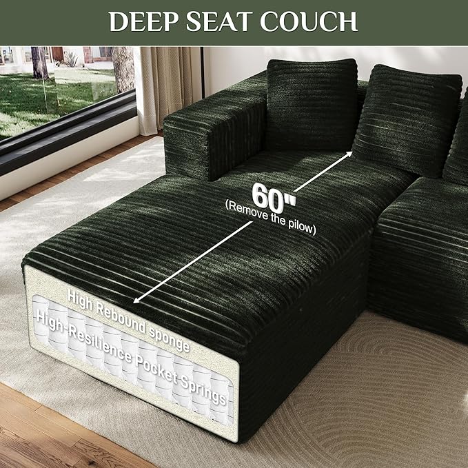 Modular Sectional Sofa, 107" L Shaped Cloud Couch Plush Corduroy Deep Seat Boneless Sofas with 5 Pillows Long Chaise Lounge Couches Memory Foam for Living Room - Green, Left Facing Chaise