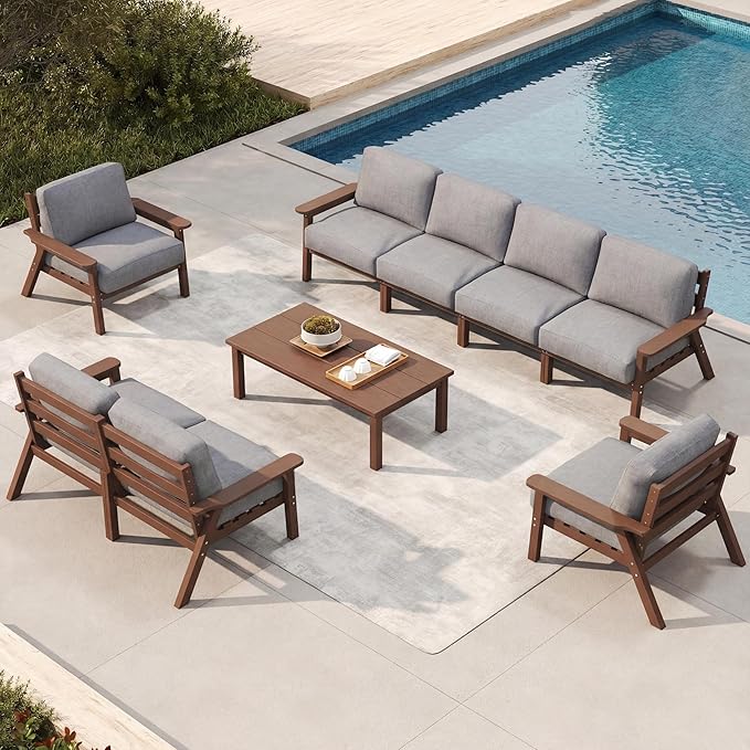 Patio Kingdom Patio Furniture Set 8 Seats, HDPE Outdoor Sectional with Gray Washable Thick Cushions, Coffee Table, Patio Conversation Sets for Lawn, Garden, Porch, Balcony, Deck (Brown Frame)