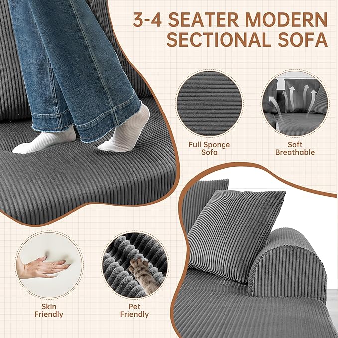 108 '' W Boneless Couch with L-Shape Chaise,No Assembly Required, Upholstery Corduroy Cloud Couch with Deep Seats and 5 Pillows Back, Free Combination (Grey)