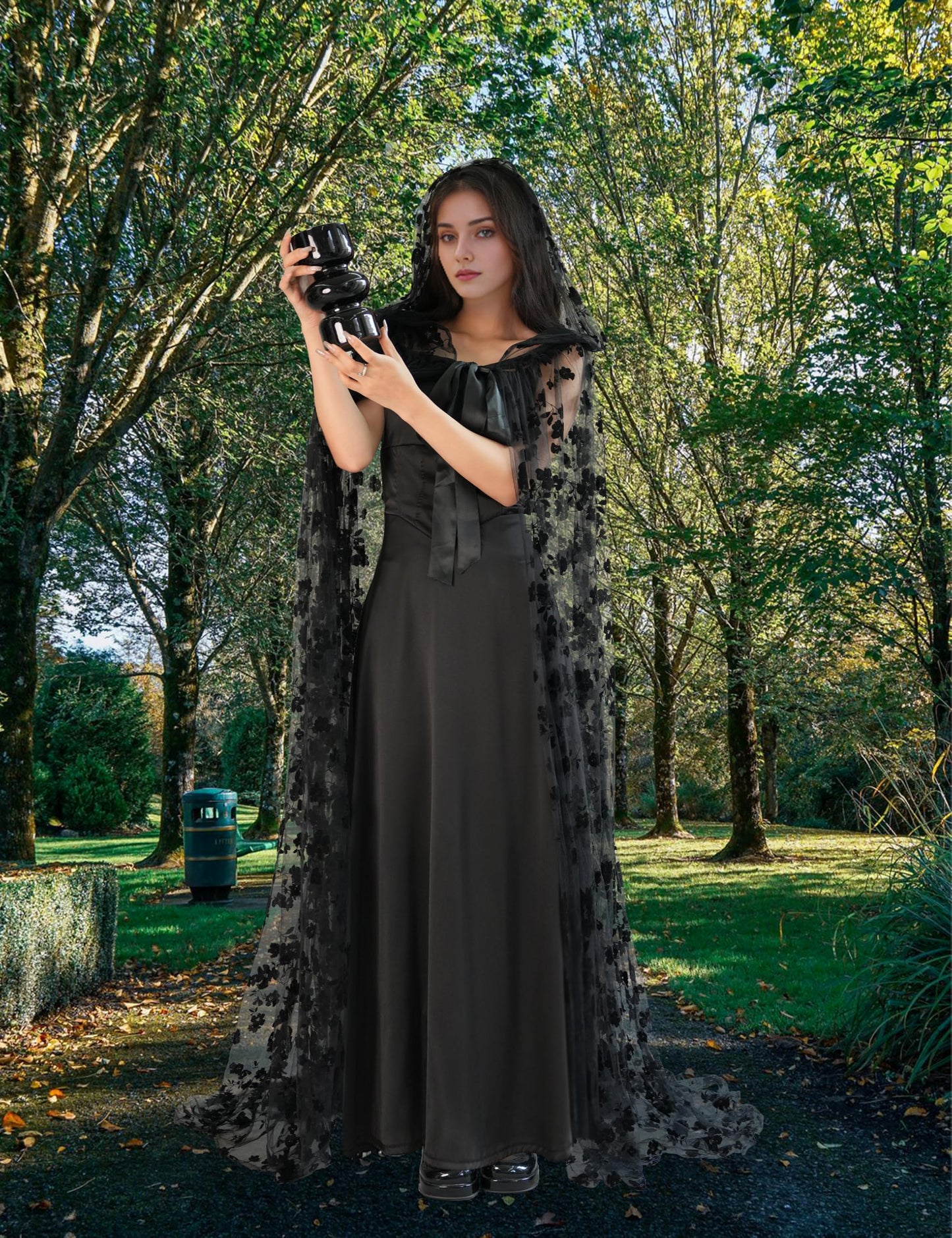 Black Hooded Cape Tulle Cloak Witch Gothic Costume Medieval Renaissance Wizard Vampire Robe with Hood for Women Adults