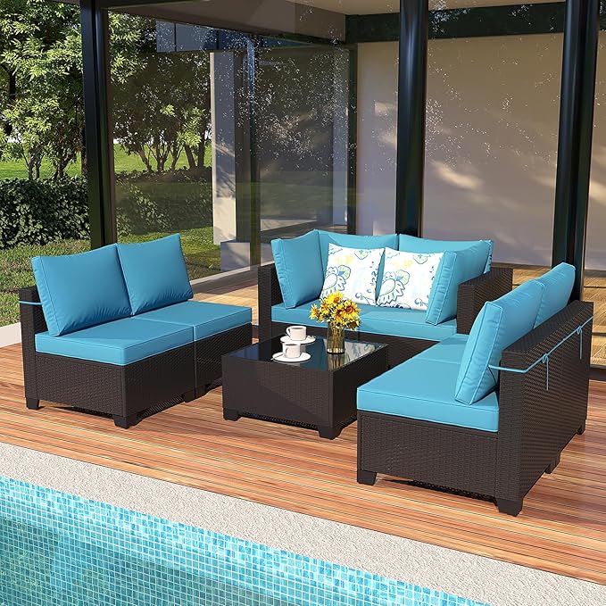Ophelian 7 Pieces Outdoor Conversation Sectional Rattan Sofa, Patio Furniture Set, with Wicker and Cushions for Garden and Backyard, (Coffee/Peacock Blue)