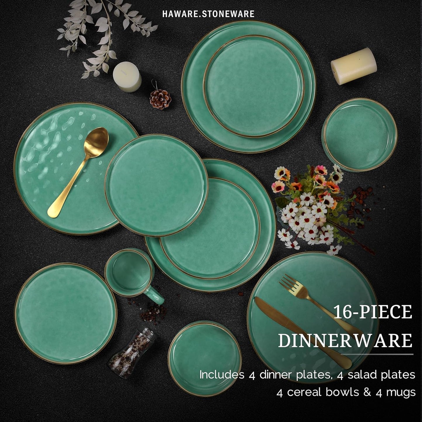 HaWare Dinnerware Sets, 16-Piece Stoneware Plates and Bowls Set, Elegant Ceramic Dish Set for 4, Chip and Scratch Resistant, Microwave and Dishwasher Safe, Reactive Green