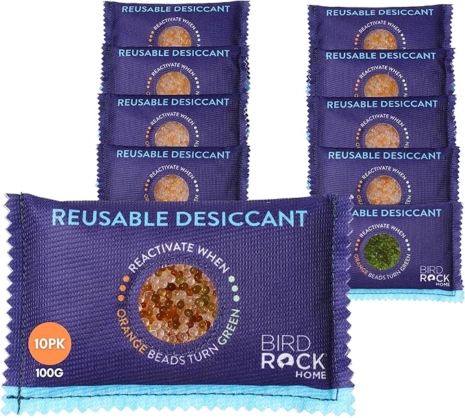 BIRDROCK HOME Reusable Desiccant Pack 100g (10-Pack) – Silica Gel Moisture Absorber & Humidity Control Packs for Electronics, Camera Bags, Gun Safes, Luggage & Storage