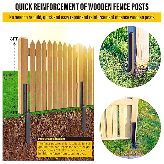 Epcee Heavy Duty Steel Fence Post Repair Stakes, Fence Post Anchor Ground Spike, for Repair Tilted/Broken Wood (6 Pack/Black