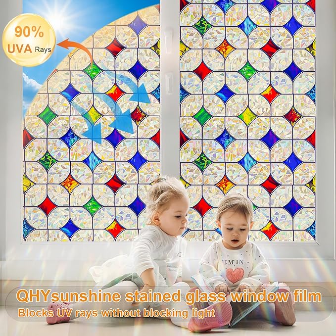 QHY Sunshine Colorful Rainbow Stained Glass Window Film Non-Adhesive Window Privacy Film Reusable Decorative for Room (Rainbow Mosaic, 17.5 X 157.4 in)
