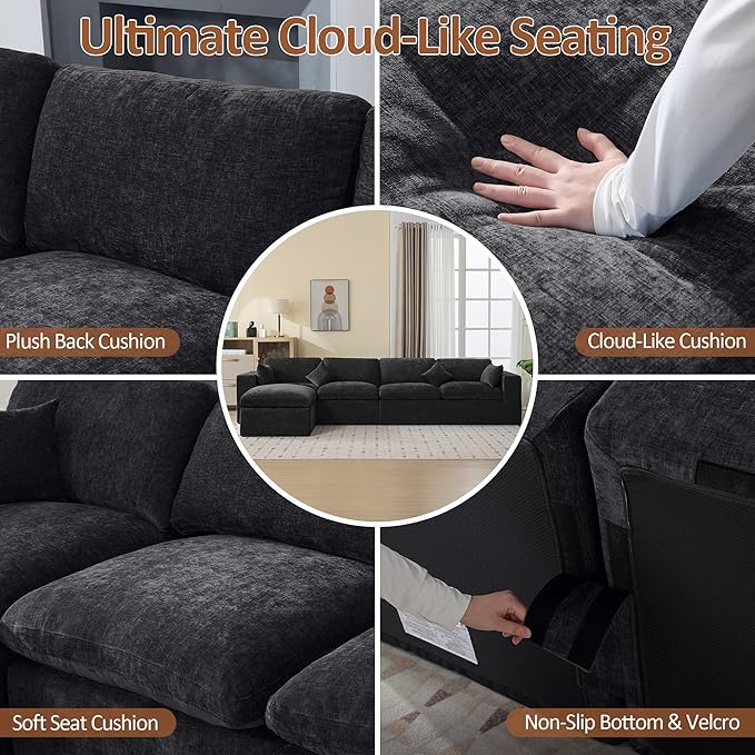 155''Cloud Boneless Sectional Couch, Modular Sectional Sofa Deep Seat with Ottoman, Oversized Upholstered Convertible Comfy 5 Seater Chenille Sofa L Shape Couches for Living Room, Dark
