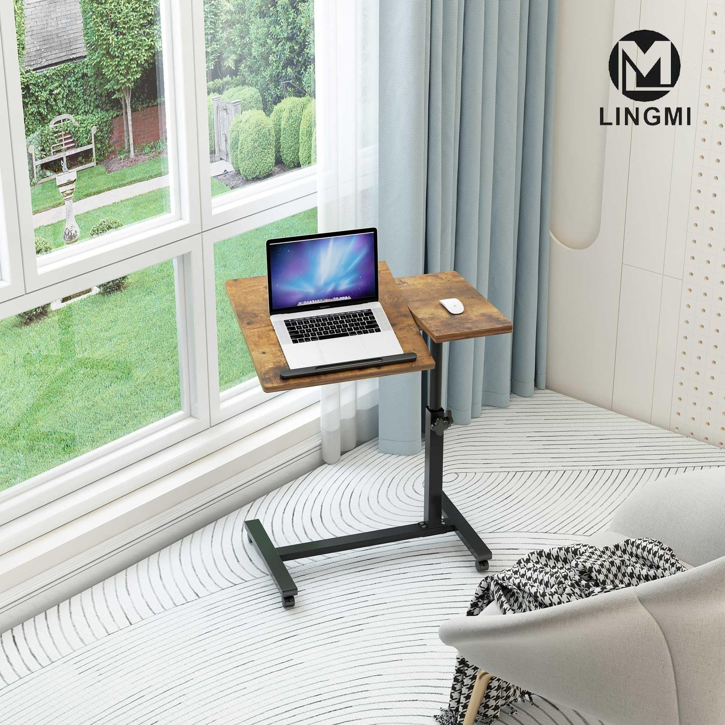 LINGMI Overbed Bedside Desk Mobile Rolling Laptop Stand Tilting Overbed Table with Wheels Height Adjustable Tray Table for Laptop Bed Sofa Side Table