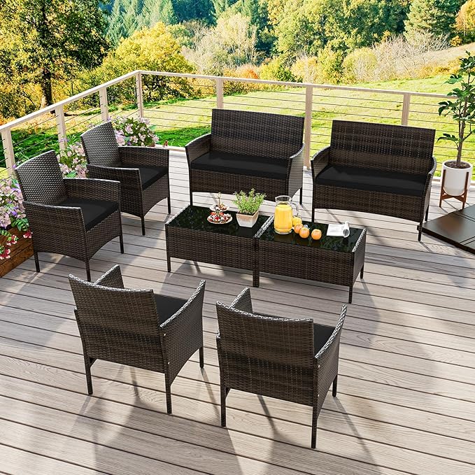 KOTEK 8 Piece Patio Furniture Set, Outdoor Rattan Conversation Set with Loveseat, Wicker Chairs, Tempered Glass Coffee Table, Wicker Patio Set for Backyard, Porch (Black)