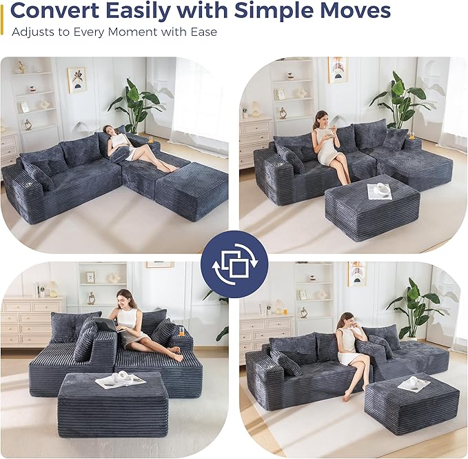 MAXYOYO 104" U-Shaped Modular Sectional Couch, Modern Boneless Couch for Living Room, Sofa in A Box, Oversized Sofa Sleeper with Deep Seat, No Assembly Required, Dark Grey
