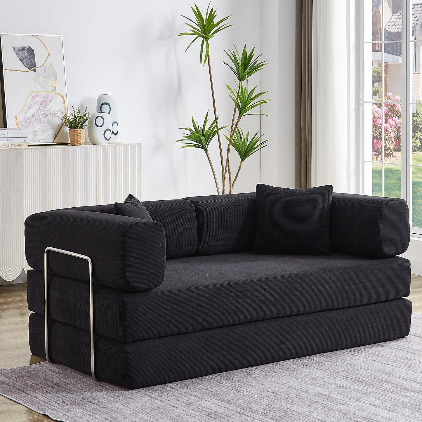 ZEIINPA Comfy Convertible Folding Mattress Couch, Floor Sofa Bed with Fixed-Shape Frame, Corduroy Floor Sofa with Armrest, Floor Sofa Lounge Couch for Living Room Bedroom Lounge Studio,Dark Black