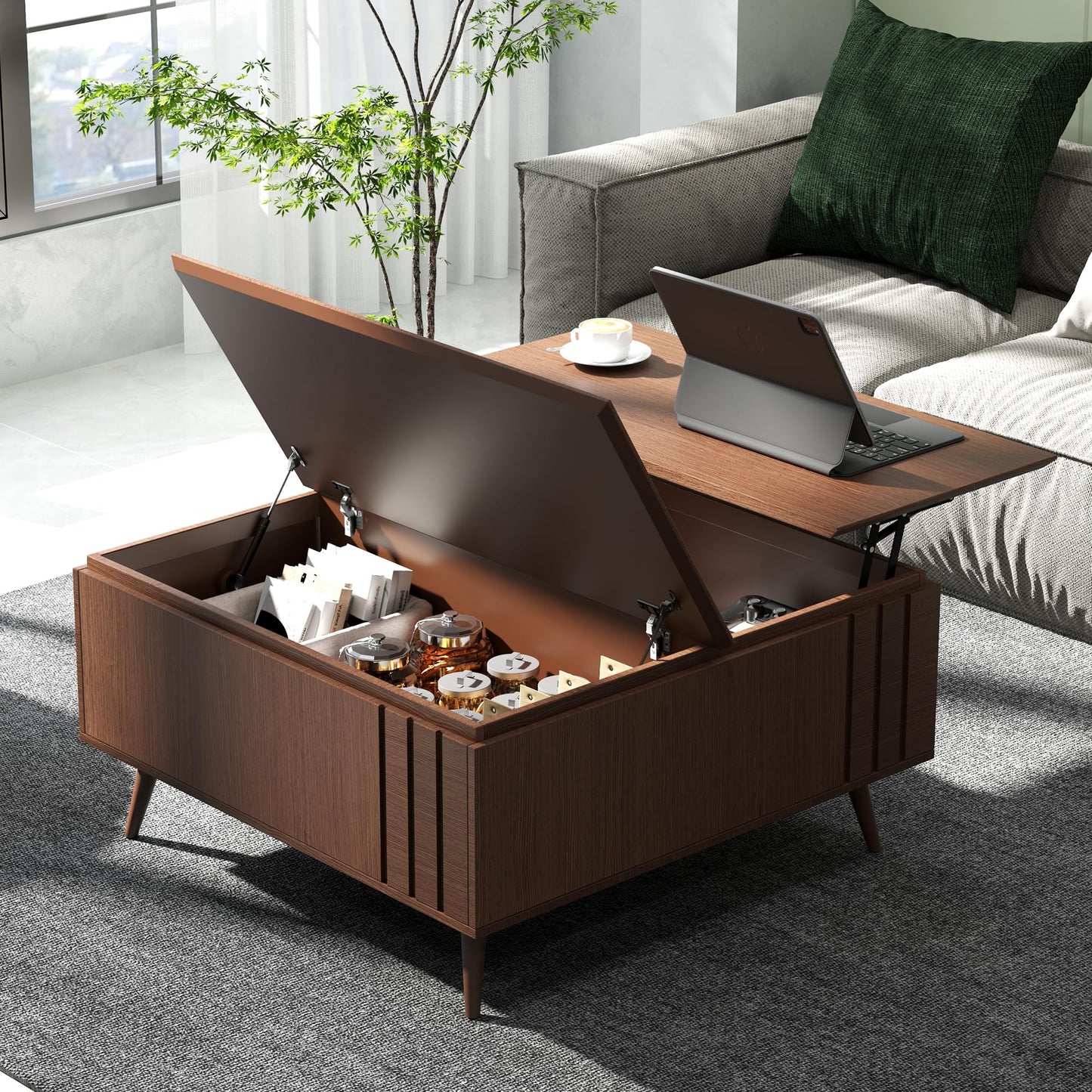 JOINICE 36.2" Lift Top Coffee Table with Storage, Large Square Coffee Tables with Hidden Compartment, Mid Century Modern Center Table for Home Office,Living Room,Dark Walnut