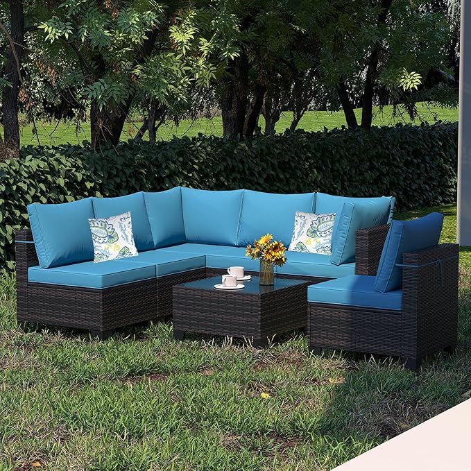 Ophelian 7 Pieces Patio Furniture Set, Outdoor Conversation Rattan Sofa，with Waterproof Cushion and Tempered Glass for Garden and Backyard, (Brown/Peacock Blue)