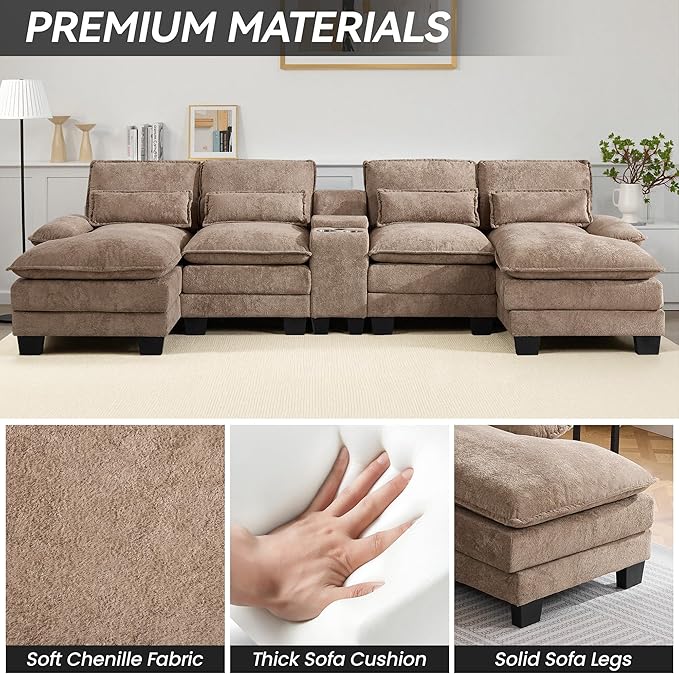 125" U Shaped Cloud Modular Sectional Couch for Living Room, Small Comfy Sherpa Sofa with Double Chaise Lounge, Storage Central Console, Cup Holders, USB Port, Camel