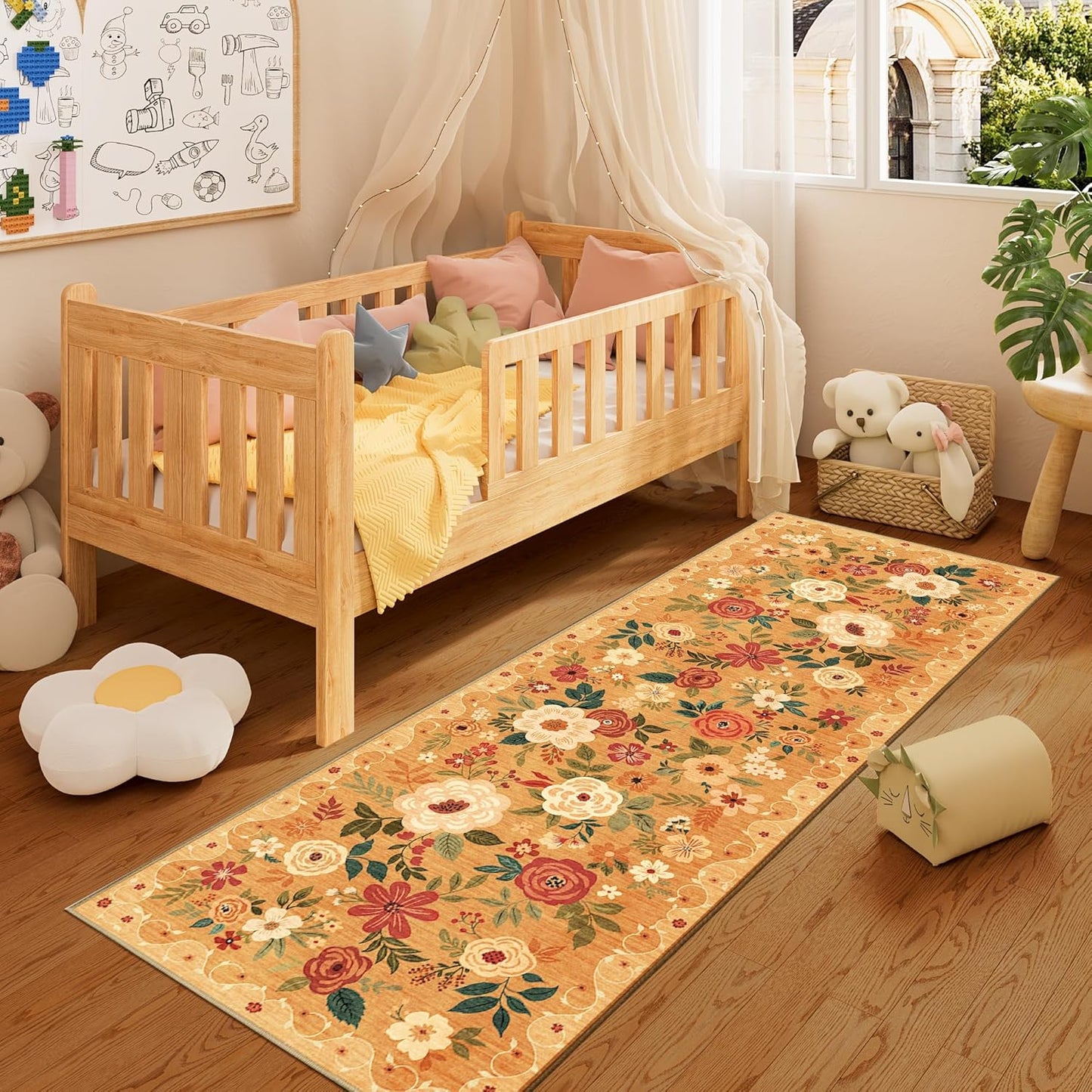 DUKINO Runner Rug, 2.6x8 Kitchen Rug for Hallway with Non Slip Backing, Washable Low Pile Soft Boho Floral Runner Carpet for Hallway, Kitchen, Entryway, Laundry, Bedroom, Orange