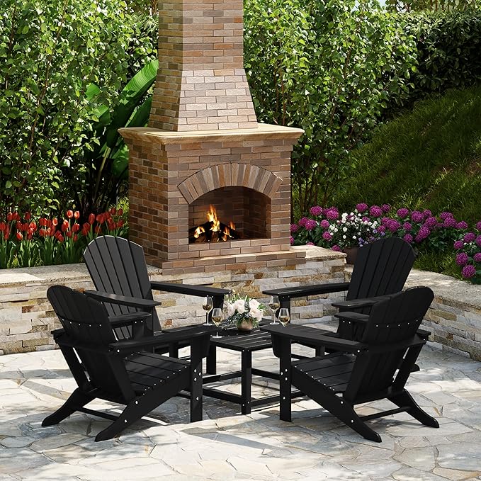 Costaelm Patio Conversation Set, Patio Chairs Set of 5 Balcony Firepit Furniture Outdoor Adirondack Square Table and Chair Backyard Furniture Set for Lawn Porch Pool Garden, Black