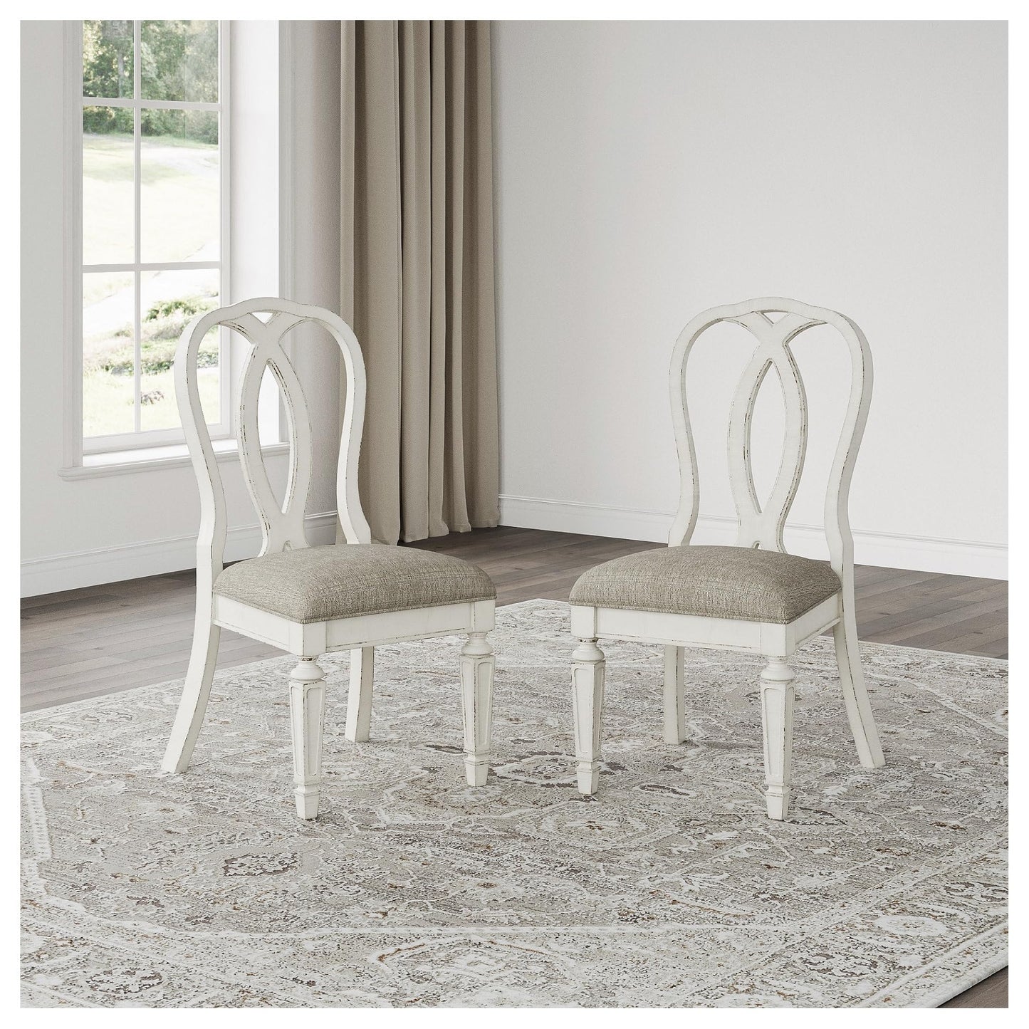 Signature Design by Ashley Realyn French Country Ribbon Back Dining Chair, 2 Count, Chipped White