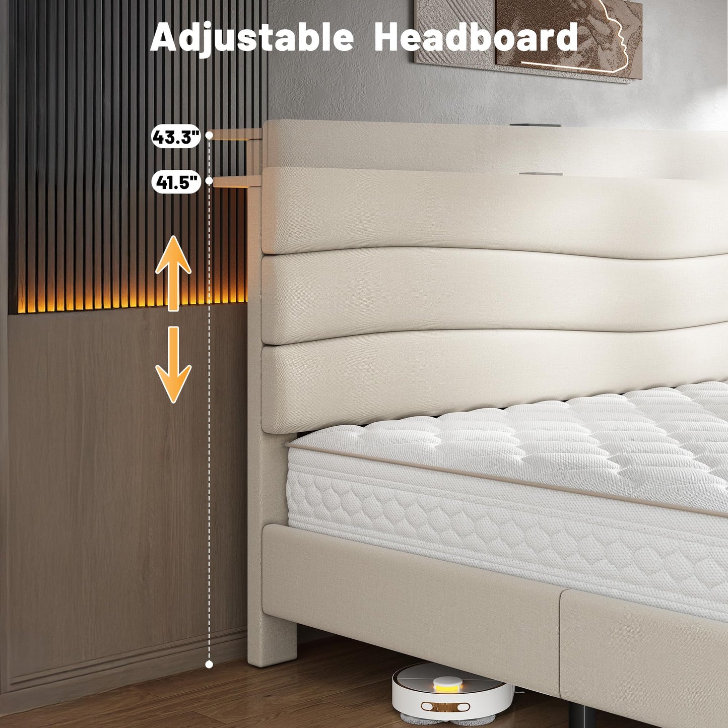EnHomee Queen Bed Frame with Fabric Upholstered Headboard, Storage Headboard and 3 Charging Stations, Queen Size Bed Frame with Wooden Slats, Noise-Free, No Box Spring Needed, Beige