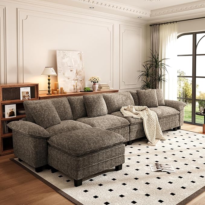 PHI VILLA Cloud Modular Couch Sets, 157.5" Sectional Sofa with L-Shaped Chaise, 5-Seater Upholstered Couches with Movable Ottoman for Living Room, Chenille Fabric, Taupe