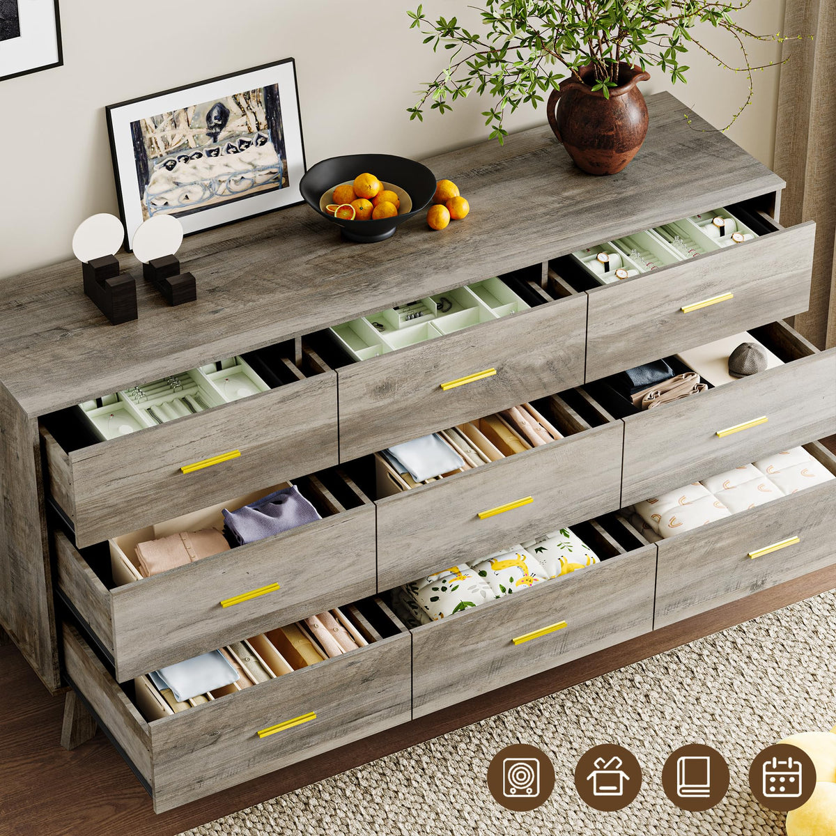 BORNOON Dresser for Bedroom with 9-Drawer, 59" Wide Modern Chest of Drawers with Metal Handles, X-Shape Base & Adjustable Center Leg, Anti-Tip Closet Organizers and Storage