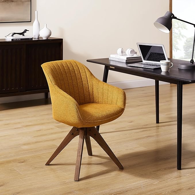 Art Leon Dining Room Chair - Mid Century Modern Fabric Upholstered Swivel Dining Chair with Wood Legs, Leisure Side Chair with Arms for Living Room, Yellow