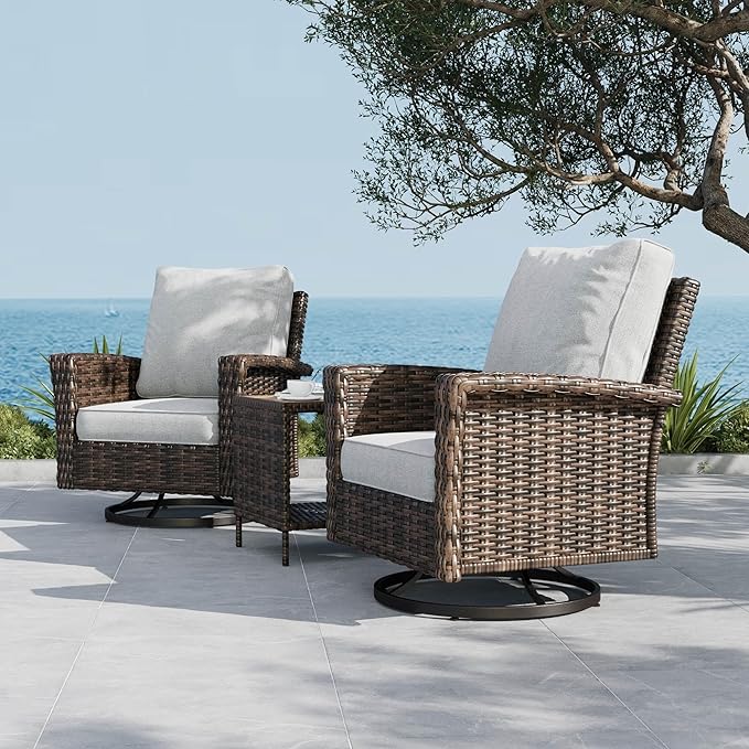 SUNSHINE VALLEY Patio Wicker Swivel Chairs Set of 2, Outdoor High Back Chairs with 5.5" Waterproof Cushions and Side Table, Outdoor Furniture Set for Deck Porch and Yard, Peacock Blue