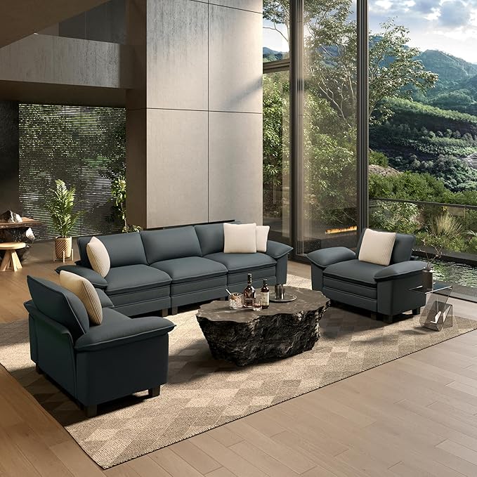 HERA'S HOUSE 3 Pieces Modular Sectional Sofa Sets, Oversized Couch Set with Loveseat and Armchairs, Comfy Cloud Couches with Throw Pillows, 5-Seater Deep Seat Sofa for Living Room, Chenille Blue