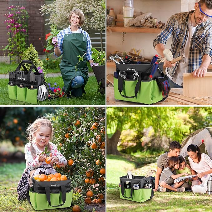 WORKPRO Garden Tool Bag Organizer, Heavy Duty Gardening Tote Bag with 10 Pockets and Long Adjustable Shoulder Strap, Standable Garden Home Tool Kits Organizer, Green (Tools are not included)