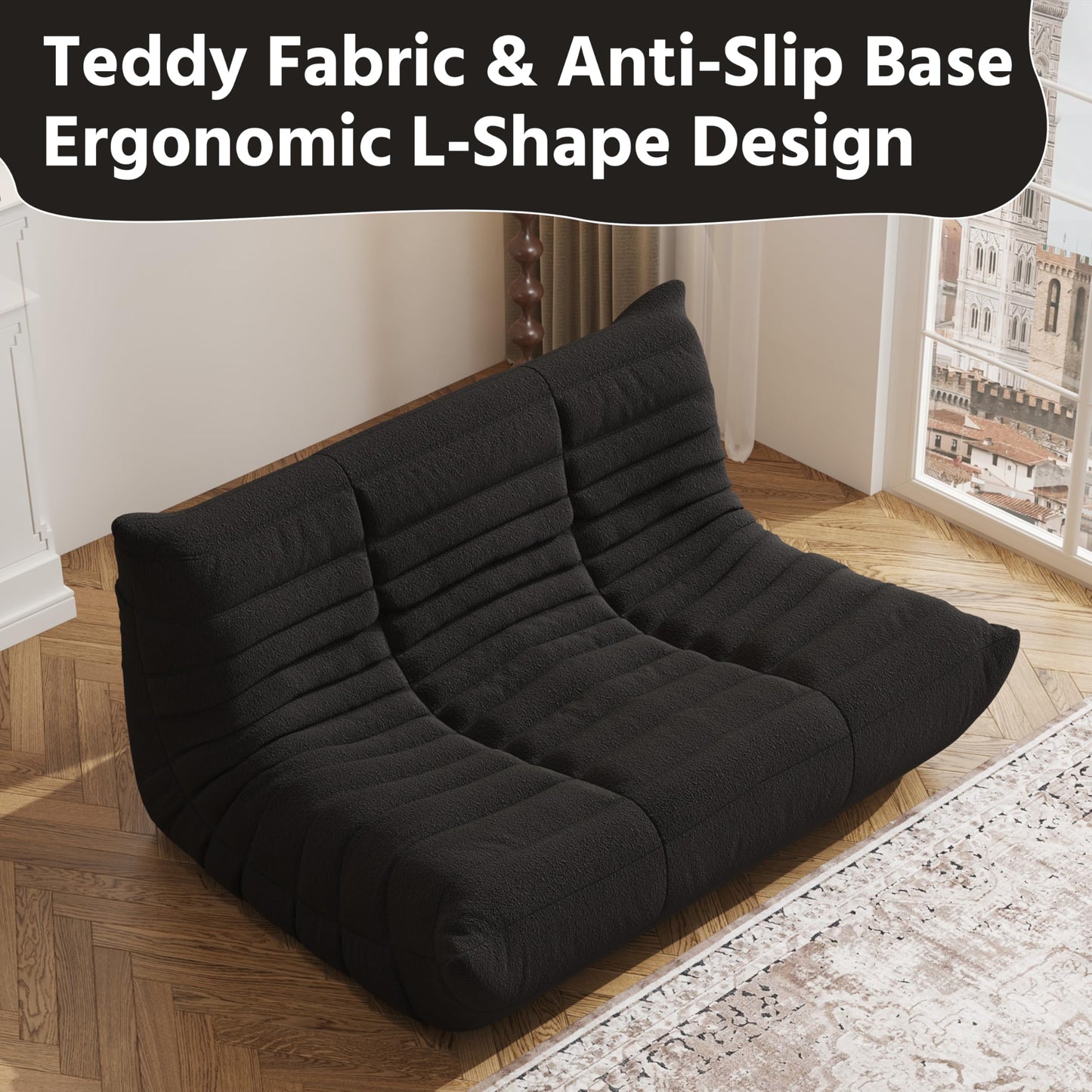 Bean Bag Chair, Fireside Chair, Large Bean Bag Chair for Adults, Bean Bag Chairs for Teens with High-Resilience Foam, Non-Slip Base Floor Lounge Sofa,Living Room (Black, Loveseat)