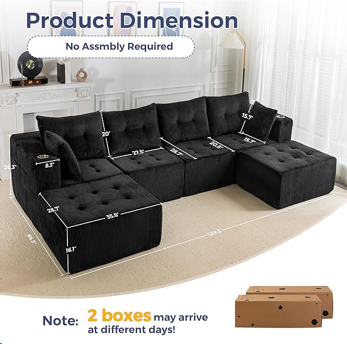 MAXYOYO 129.5" Modular Sectional Sofa Couch, U Shaped Modern Cloud Couch with 2 Ottomans, Sofa in A Box, Tufted 6-Seat Boneless Sleeper Chair for Living Room, No Assembly Required, Black