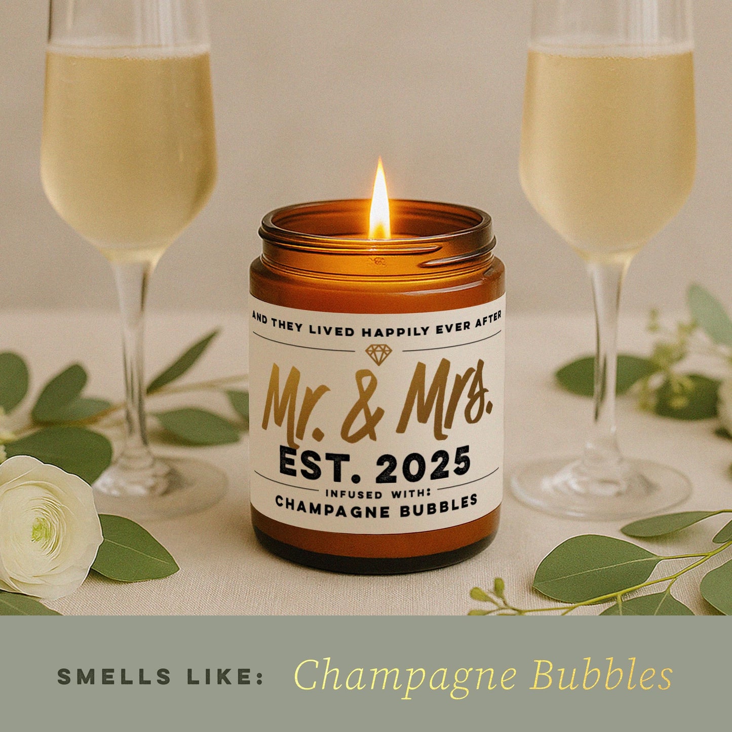 WAX & WIT Wedding Gifts for Couples 2025, Mr and Mrs Candle – Scented with Champagne Bubbles - Bridal Shower, Bride to Be, Just Married - 9oz, Soy Wax, 50 Hour Burn, Premium Candle Gifts