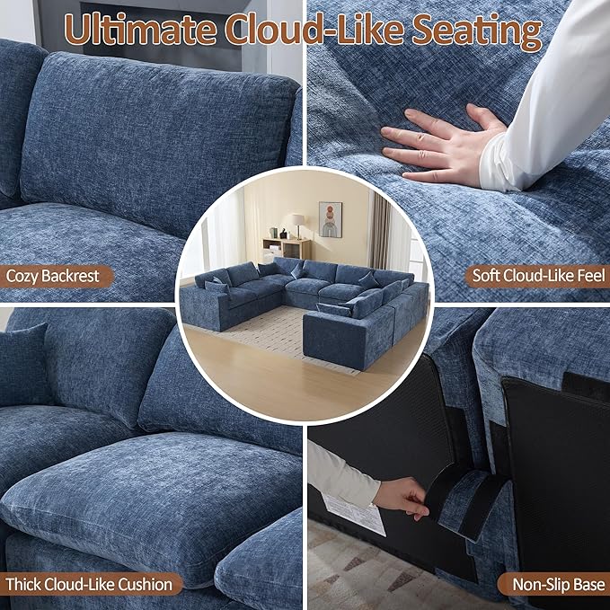155''Cloud Boneless Sectional Couch, Modular Sectional Sofa Deep Seat, Oversized Upholstered Convertible Comfy 8 Seater Chenille Memory Foam Sofa U Shape Couches for Living Room, Blue