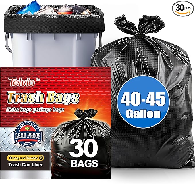 Teivio 40-45 Gallon Large Black Trash Bags 30 Counts All Purpose Trash Bags,39,40,42,44,45 Gal,Heavy Duty Garbage Bags,For Industrial, Commercial, Construction, Outdoor, Lawn, Leaf, Can liners