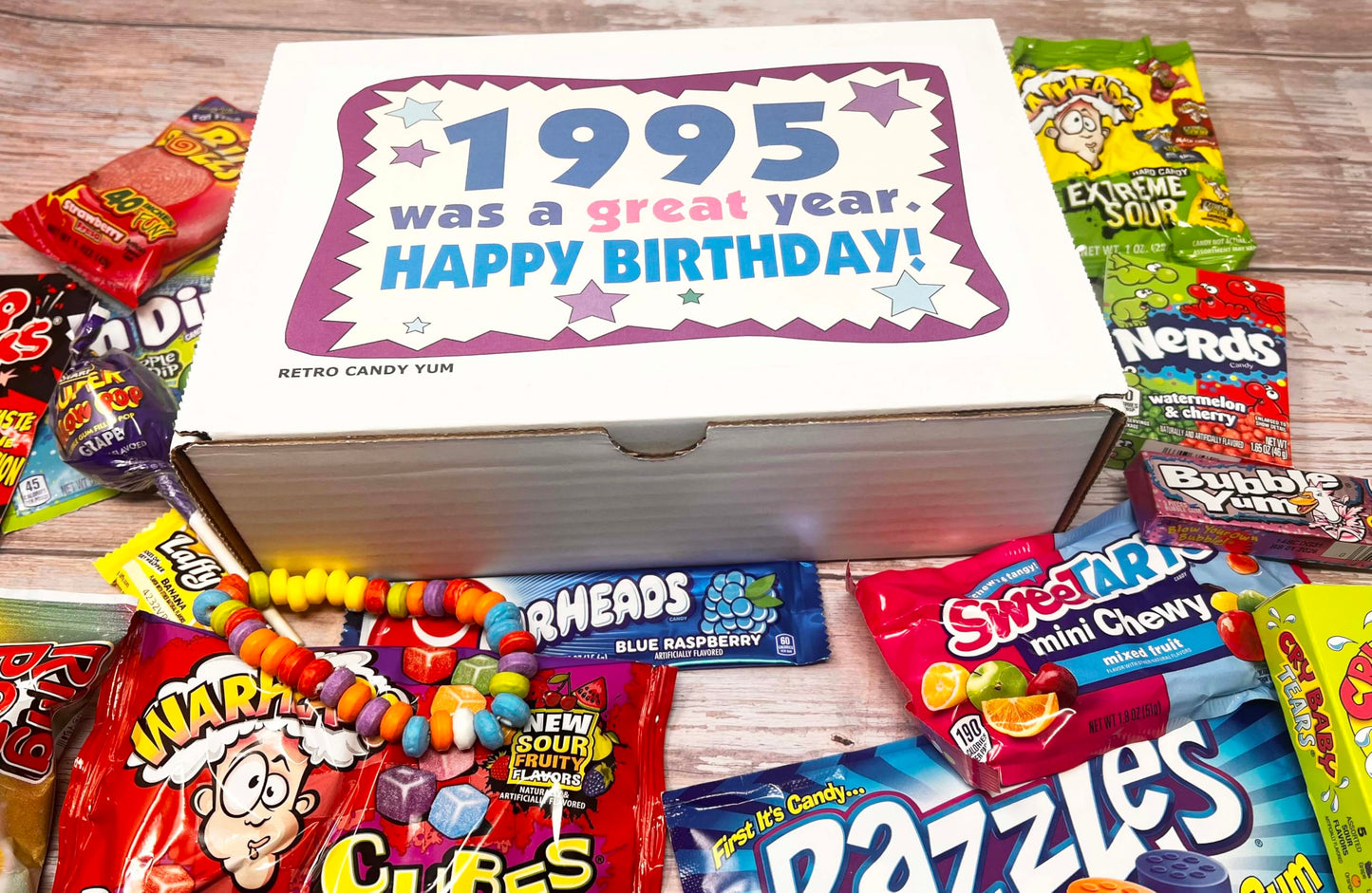 RETRO CANDY YUM ~ 1995 30th Birthday Nostalgic Candy Gift Basket Box 90s Assortment from Childhood Memories for 30 Year Old Woman or Man Born 1995 Jr