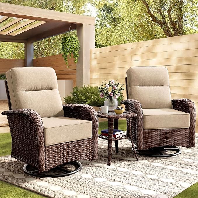 3-Piece Patio Furniture Set with 6-Inch Thick Cushions, High Back Outdoor Swivel Rocker Chairs and Table, All-Weather Conversation Set for Porch, Deck, Balcony, Yard in Beige