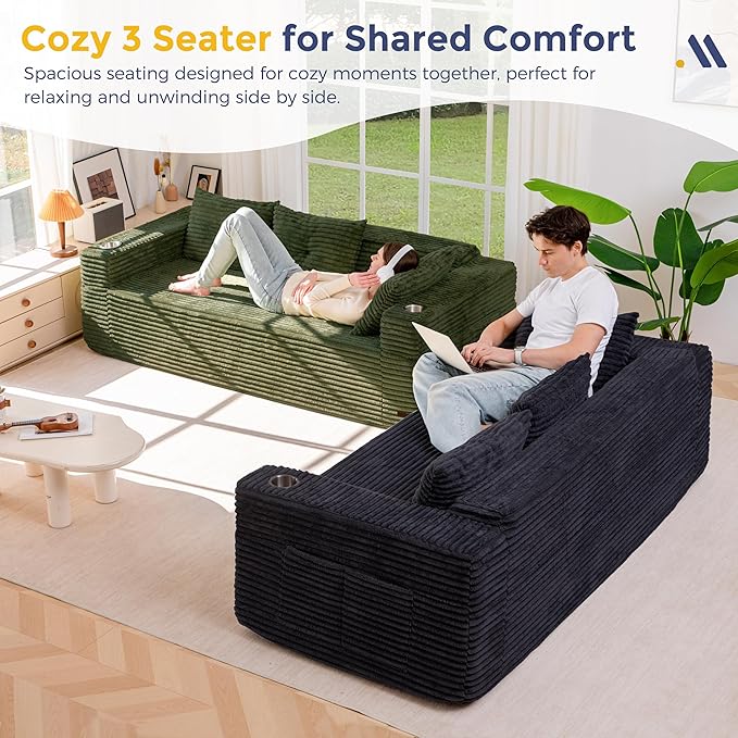 MAXYOYO 79" Oversized Boneless Loveseat Sofa Couch for Small Spaces, Mini Love Seat Floor Couch with Cup Holders and Pillows, 3-Seater Upholstered Cloud Couch for Bedroom, No Assembly Required