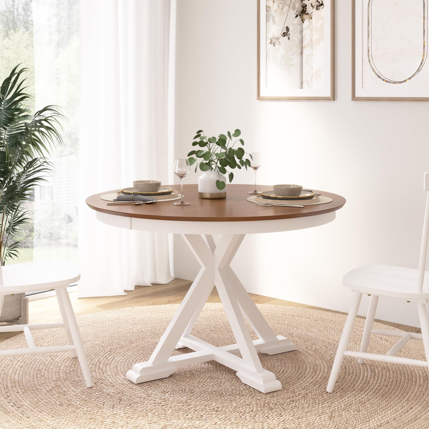 Bush Home Round Dining Table, 45 inch Trestle Design, Modern Transitional, West End Collection, Dark Brown and White