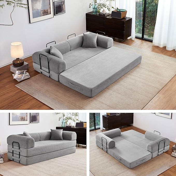 79" 5-in-1 Folding Convertible Sofa Bed, Oversized Corduroy Futon Floor Couch with Pull-Out Sleeper, Modular Boneless Loveseat for Small Spaces, Living Room, Bedroom (Light Grey)