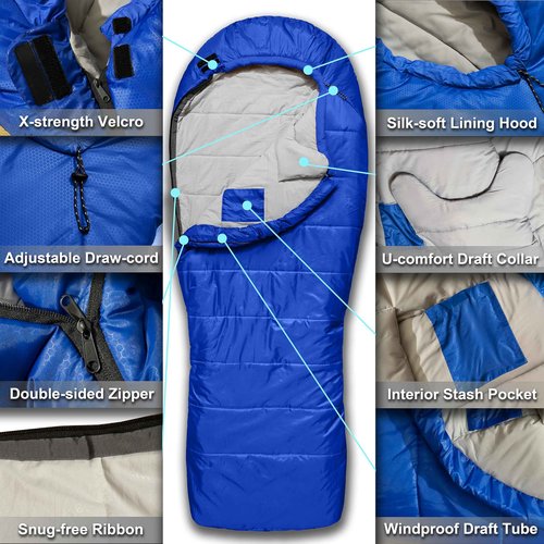 Azitrek 0 Degree Camping Sleeping Bags Mummy for Adults Youth | XXL Big and Tall 3-4 Season Warm Cool Winter Cold Weather Sleeping Bag w. Compression Sack | Side Sleeper Friendly (Lake Tahoe Blue)