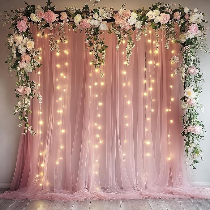 Xiomot Tulle Backdrop Curtain with Lights String 10FT X 8FT Dusty Rose Sheer Tulle Backdrop Curtains for Wedding Birthday ...
