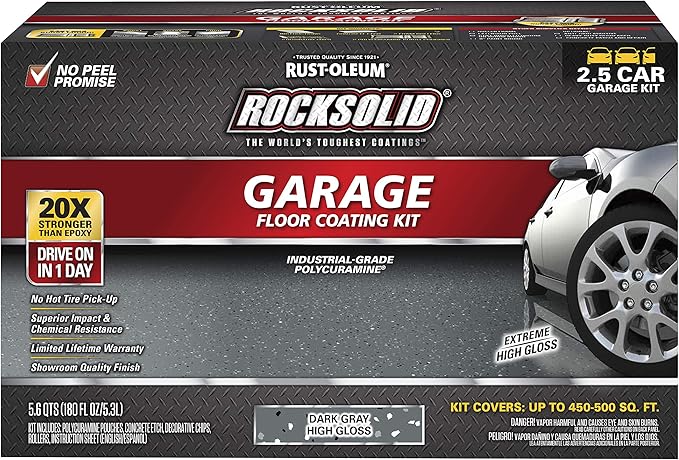 Rust-Oleum 317284 RockSolid Polycuramine Garage Floor Coating, 2.5 Car Kit, High Gloss Dark Gray