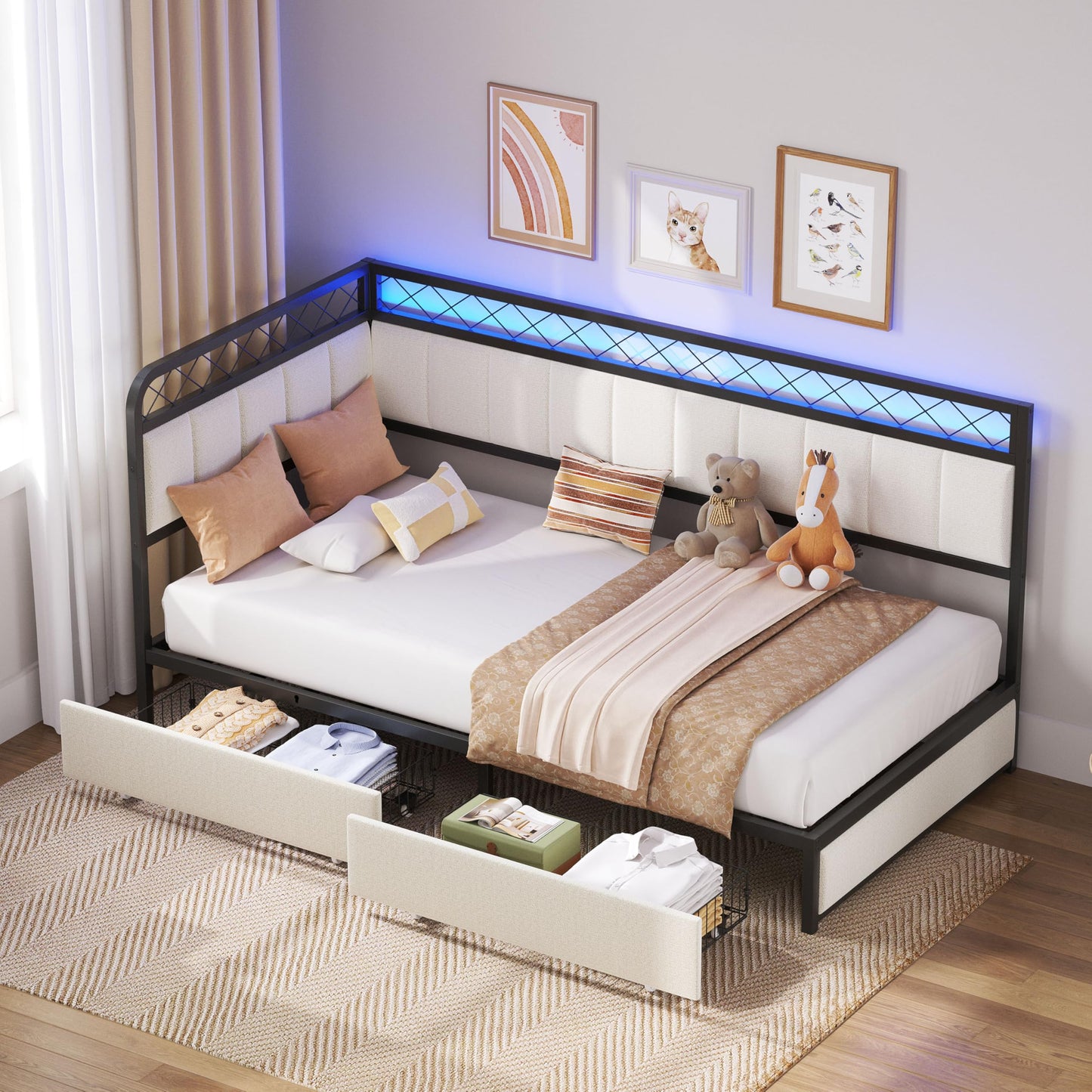 ANCTOR Twin Corner Bed Frame with 2 Storage Drawers, Daybed with LED Lights and Charging Station, Metal Platform Bed Frame for Living Room, Bedroom and Guest Room, Beige