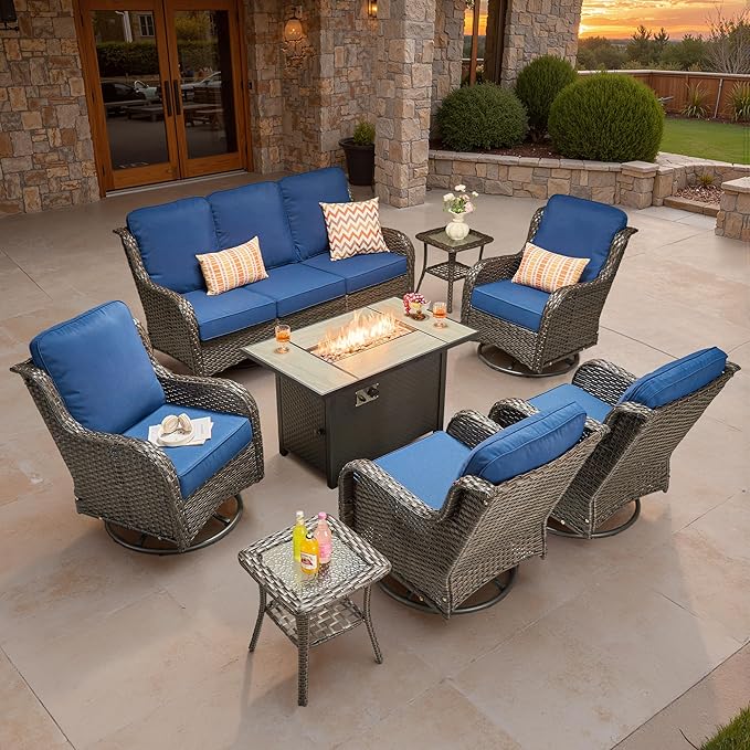 ovios 8 Pieces Patio Furniture Set, Outdoor Wicker Sofa Couch with Swivel Chairs 42" Fire Pit Table, High Back Modern All Weather Conversation Sets, Brown Rattan, Navy Blue