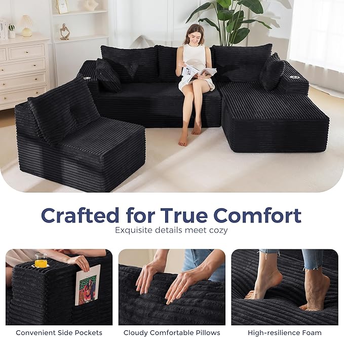 MAXYOYO 132" Oversize Modular Sectional Couch with L-Shape Chaise, Modern Boneless Couch for Living Room, Sofa in A Box, Oversized Sofa Sleeper with Deep Seat, No Assembly Required, Black