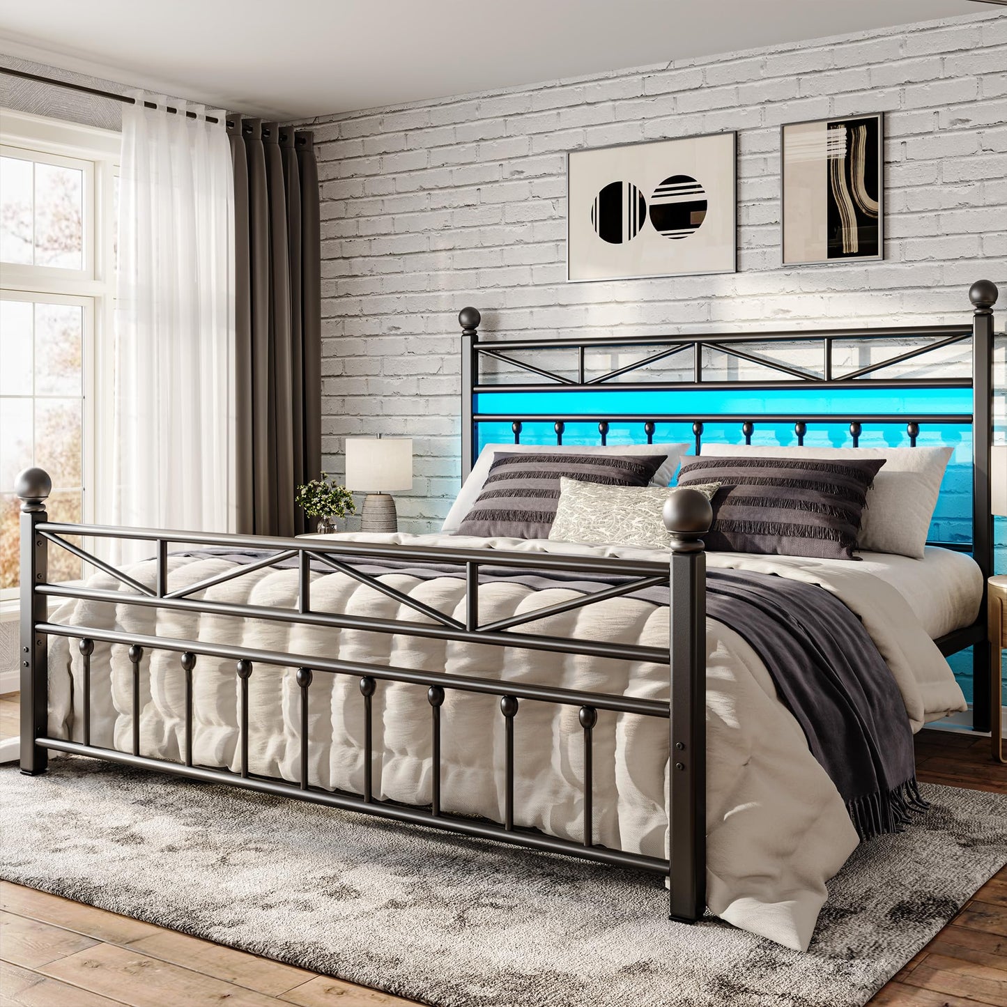 EnHomee 54" Contemporary Metal Bed Frame Queen Size with Tall Headboard, LED Light Queen Size Bed Frame, Sturdy Metal Slats Support with Under Bed Storage/Easy to Put Together/Black