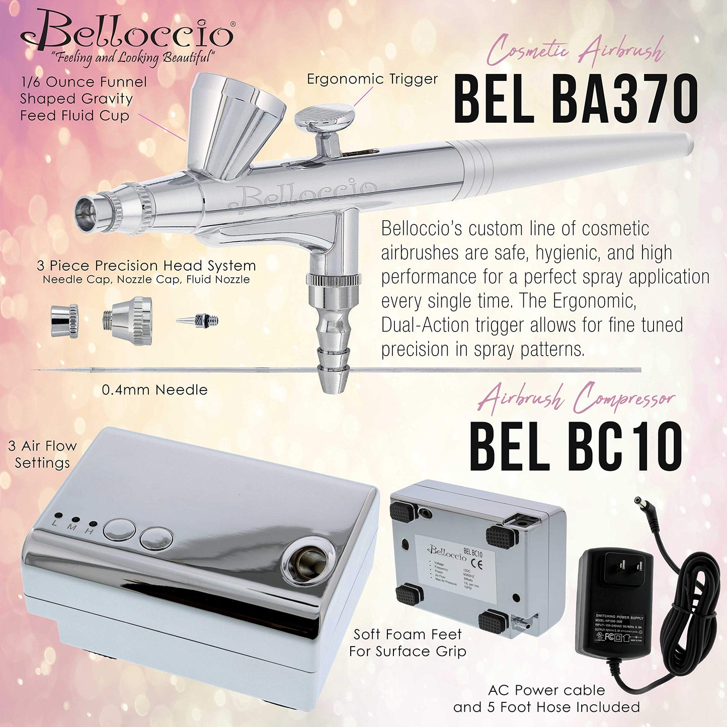 Belloccio Airbrush Cosmetic Makeup System with a MASTER SET of All 17 Foundation Shades plus Blush, Shimmer and Bronzer All in 1